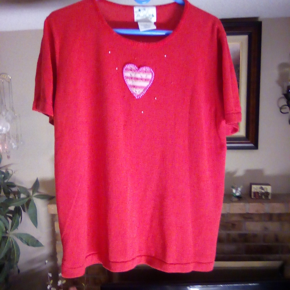Quaker Factory,size 1X , bright red with two tone pink beaded and sequin heart